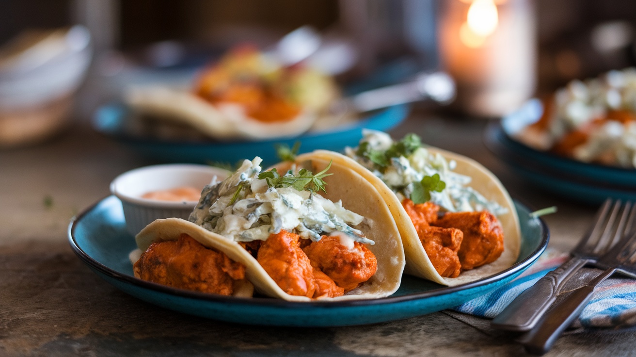 Buffalo chicken tacos with blue cheese slaw on a plate, accompanied by a small bowl of dipping sauce.
