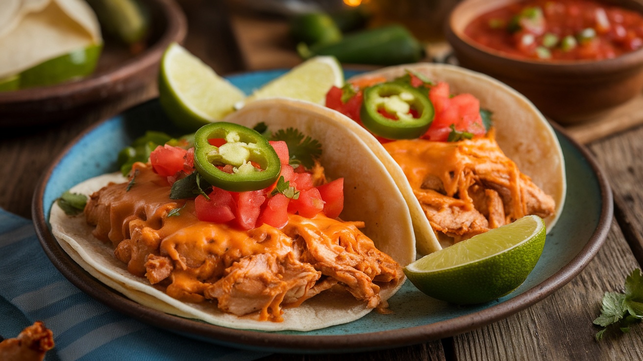 Cheesy Queso Chicken Tacos with toppings like jalapeños, tomatoes, and lime wedges.