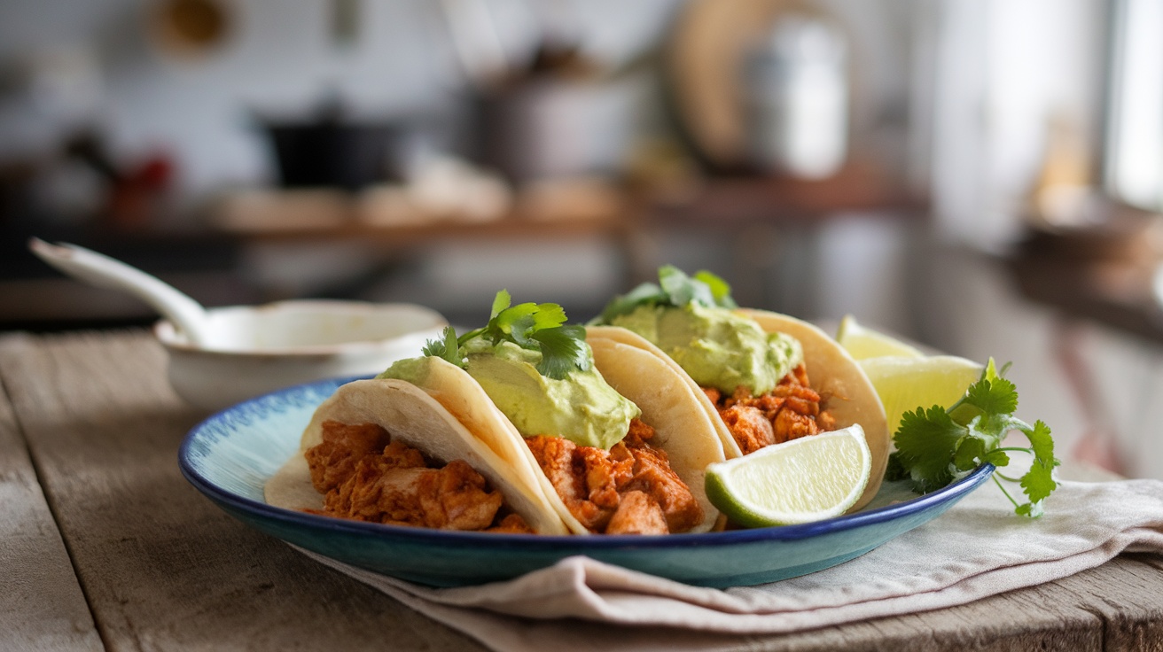 Plate of chipotle chicken tacos topped with avocado crema, garnished with lime and cilantro.