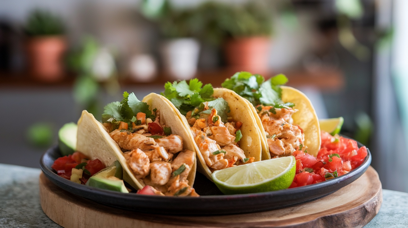 Three creamy cilantro lime chicken tacos on a plate with lime and diced tomatoes