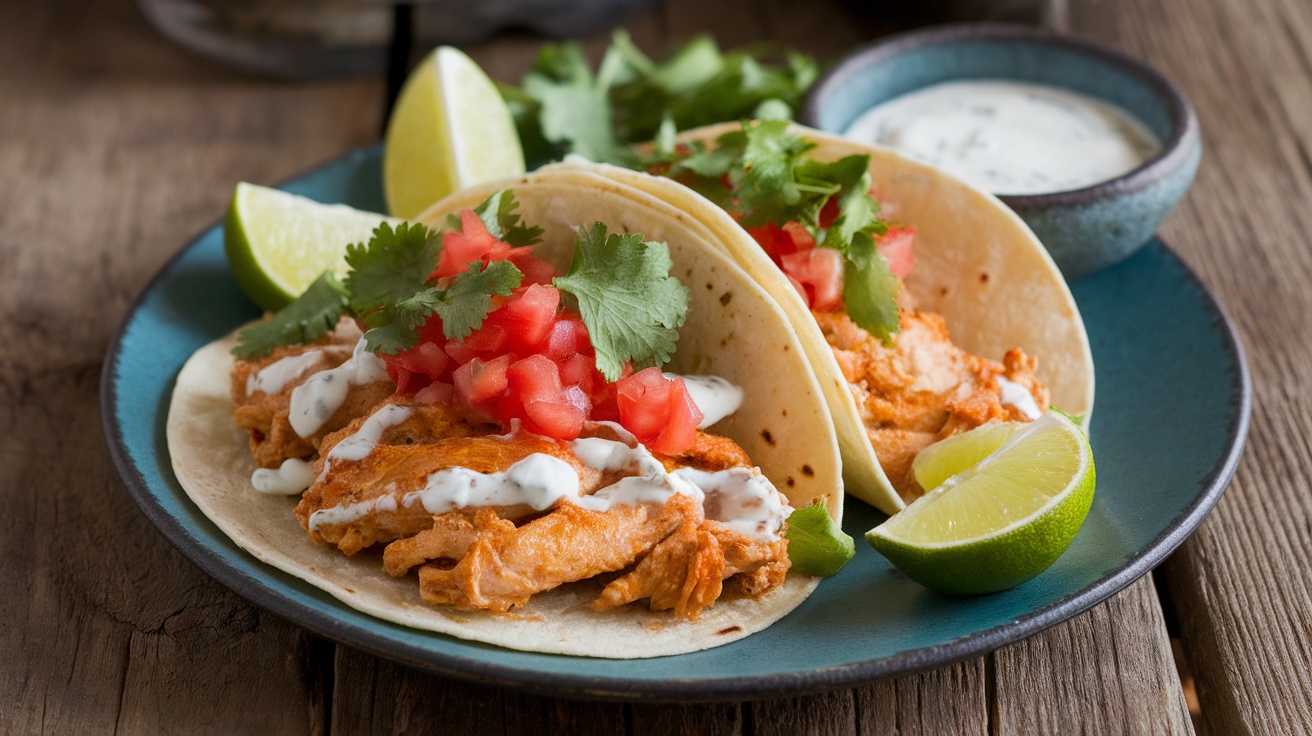 Plate of creamy jalapeño ranch chicken tacos with toppings