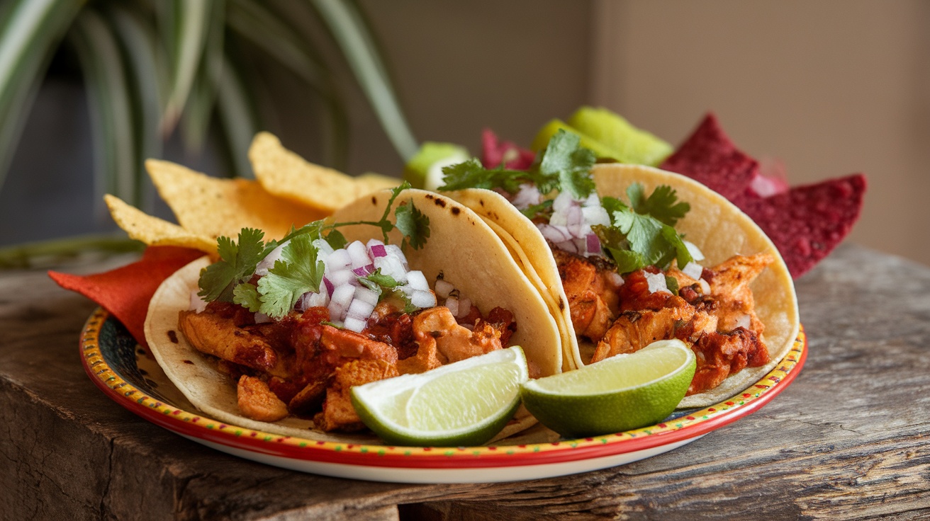 Fire-roasted salsa chicken tacos with lime and tortilla chips
