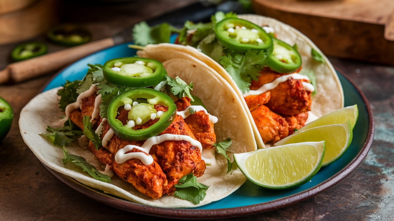 Plate of ghost pepper hot chicken tacos with jalapeños, cilantro, and lime