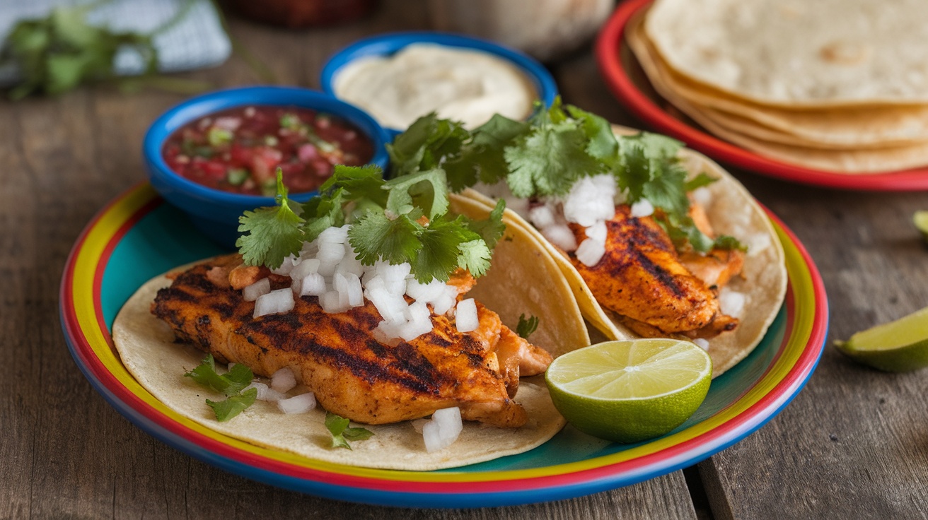 Two grilled chicken tacos topped with cilantro and onions, served with salsa and lime.
