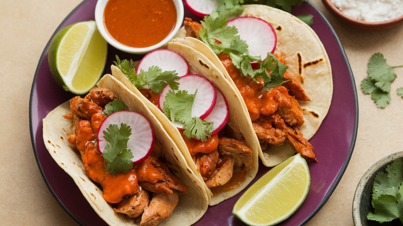Three Korean Gochujang chicken tacos topped with radishes and cilantro, served with lime and sauce.