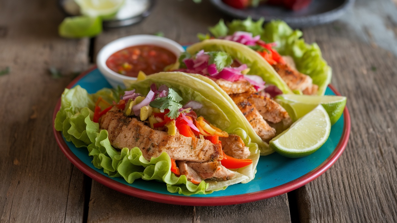Lettuce wrap chicken tacos on a blue plate with salsa and lime wedges