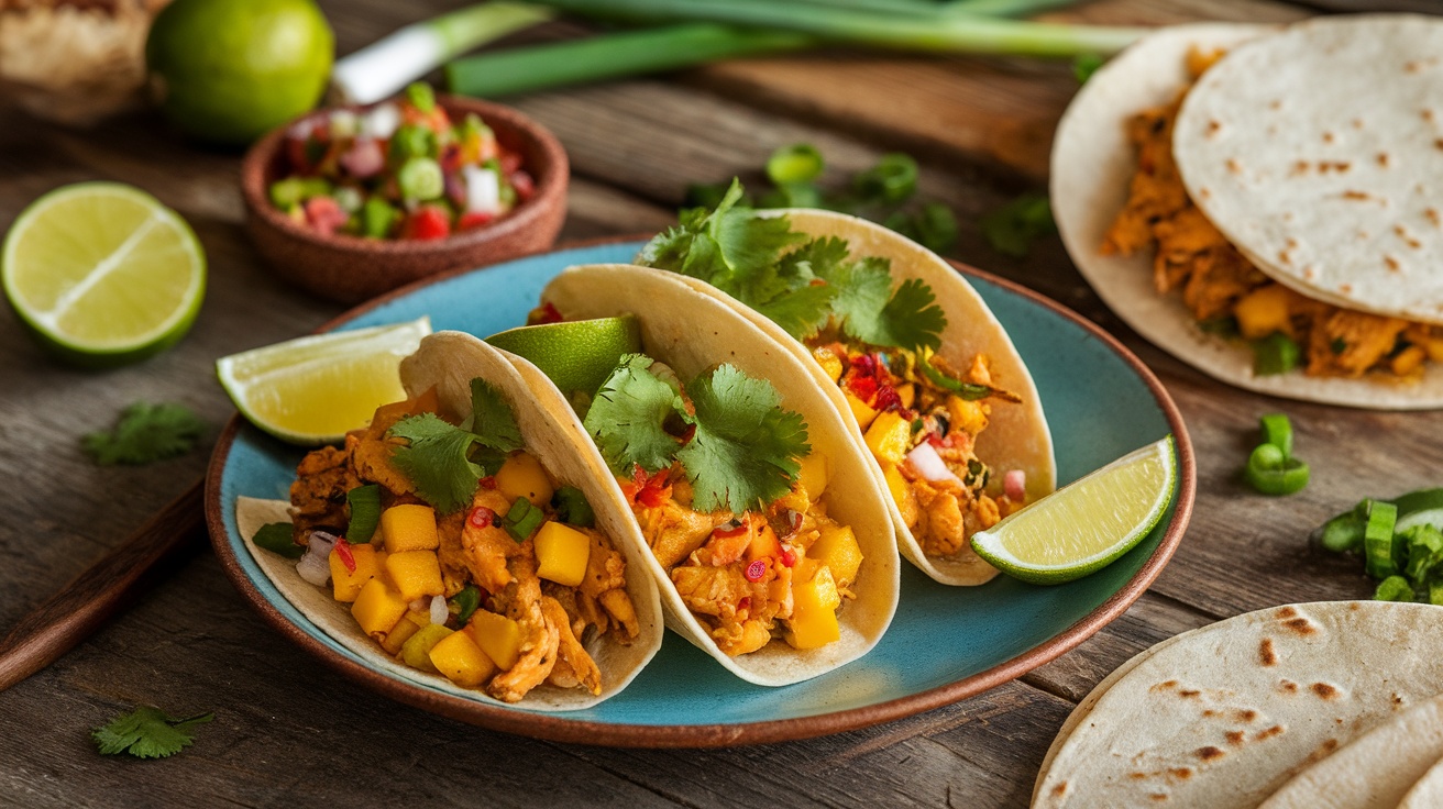 Three Mango Habanero Chicken Tacos on a plate with lime wedges and cilantro