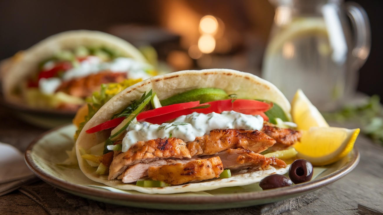 Mediterranean Greek Chicken Gyro Tacos with grilled chicken and fresh vegetables