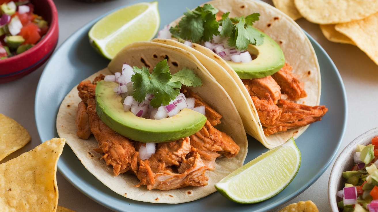 Two chicken tacos with avocado, onion, and cilantro, served with lime wedges and tortilla chips.