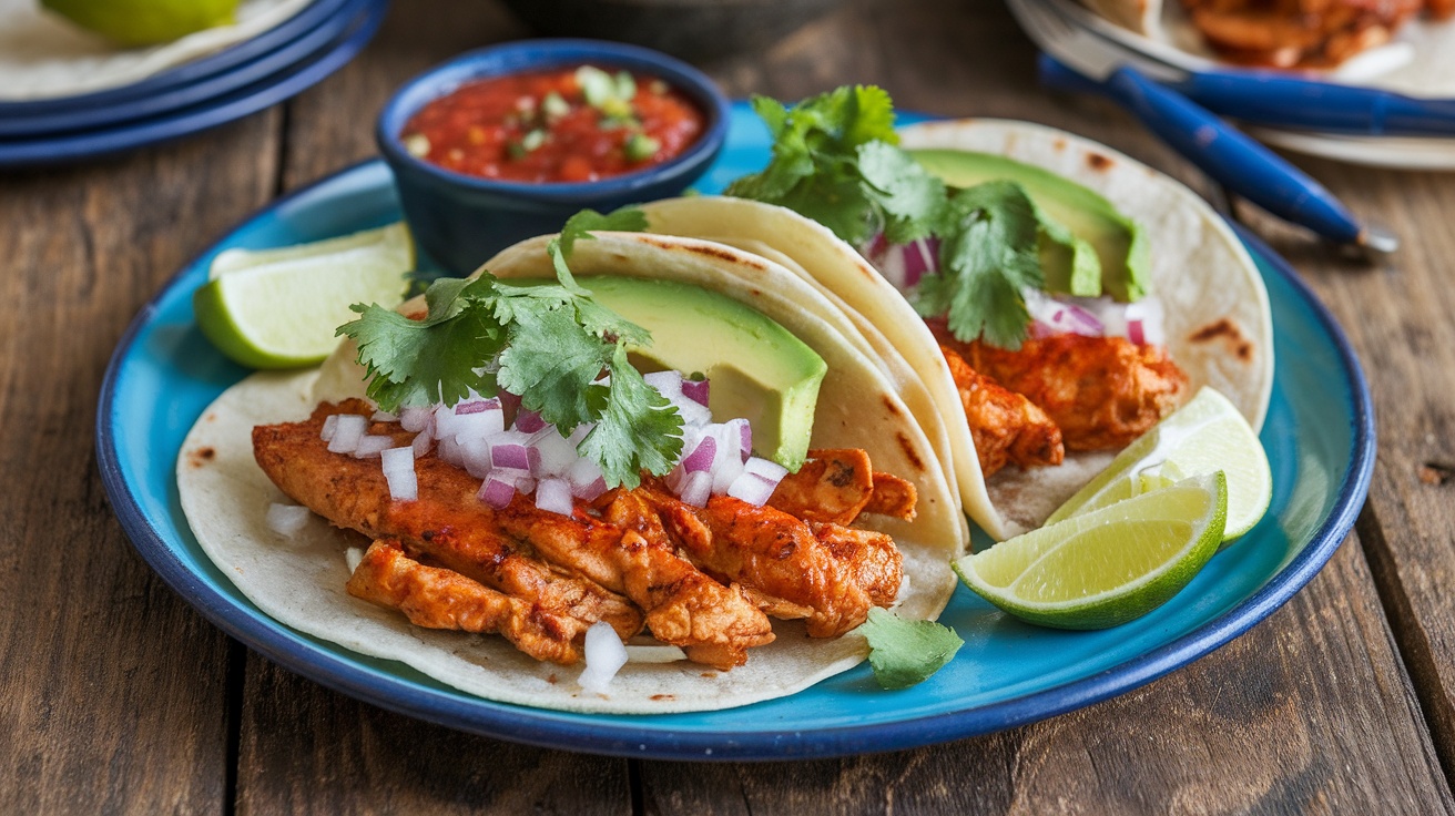 Spicy Chipotle Adobo Chicken Tacos with toppings on a blue plate