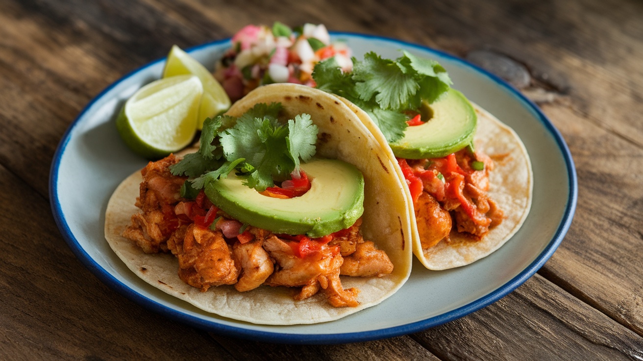 Two spicy honey Sriracha chicken tacos garnished with avocado and cilantro, served with lime wedges and salsa on a plate.