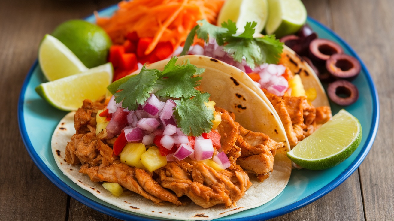 Two teriyaki pineapple chicken tacos topped with fresh vegetables and lime wedges on a blue plate.