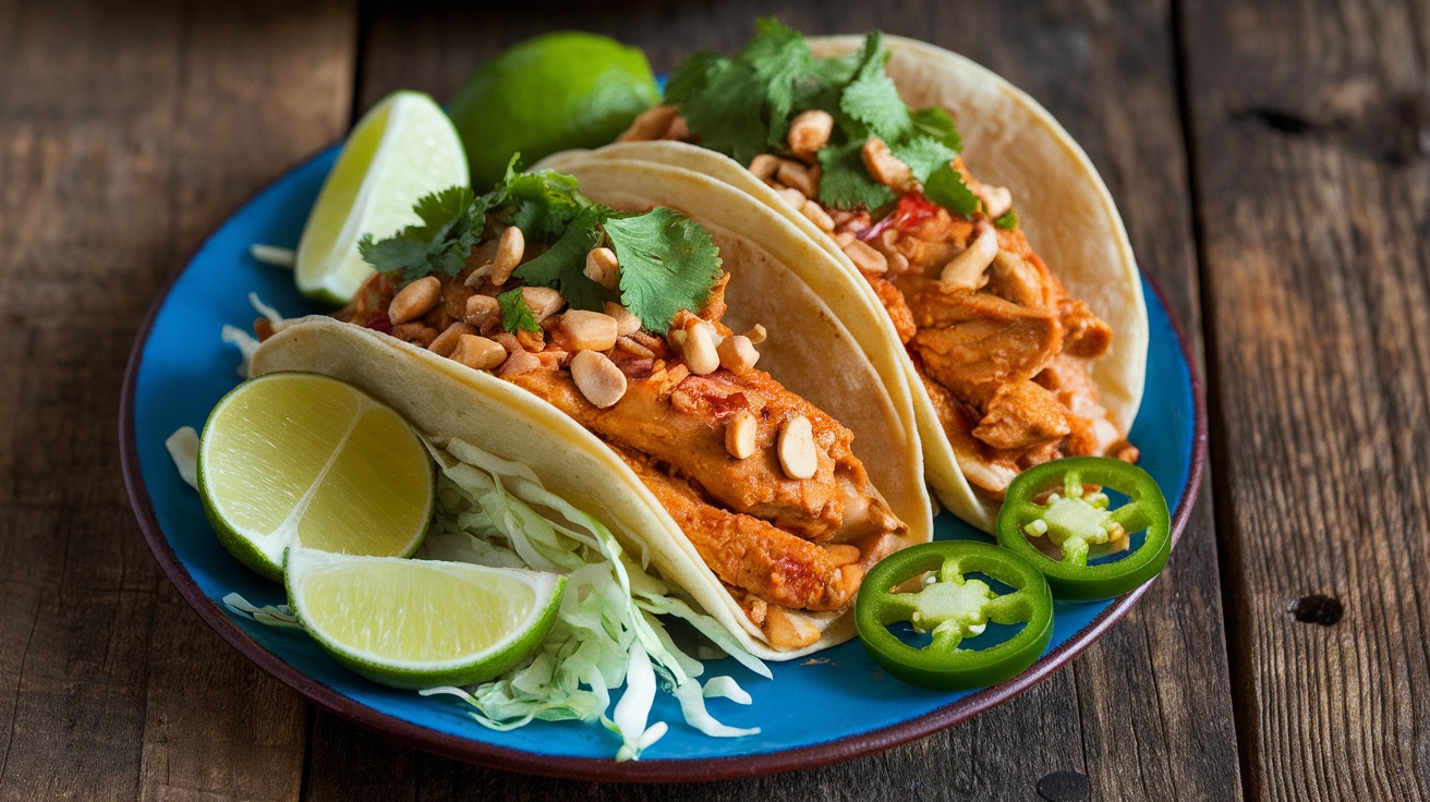 Thai Peanut Chicken Tacos on a blue plate with lime and jalapeño slices