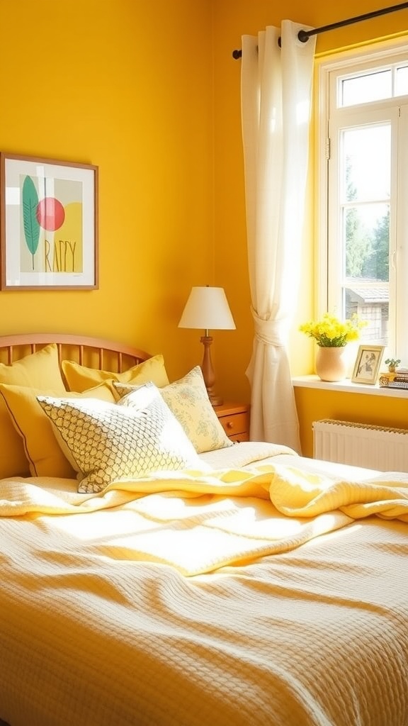 Yellow Bedroom Ideas -
A bright yellow bedroom with cozy decor, featuring a bed with yellow pillows and a sunny window.