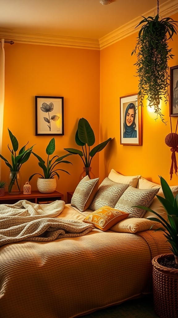 Yellow Bedroom Ideas -
A cozy bedroom featuring mustard yellow walls, plants, neutral bedding, and artwork.