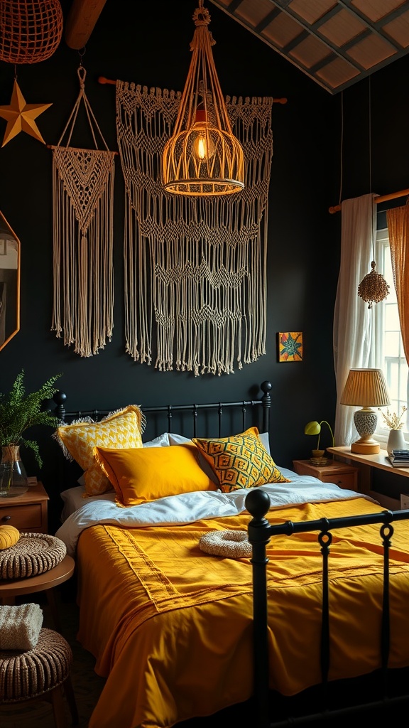 Yellow Bedroom Ideas -
A dark bohemian style bedroom with yellow accents, featuring a cozy bed with yellow pillows, macramé wall decor, and wooden furniture.