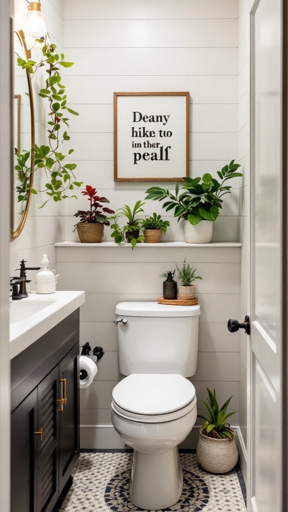 tiny half bathroom ideas - A small bathroom featuring greenery, with plants on shelves, a mirror, and a decorative sign.