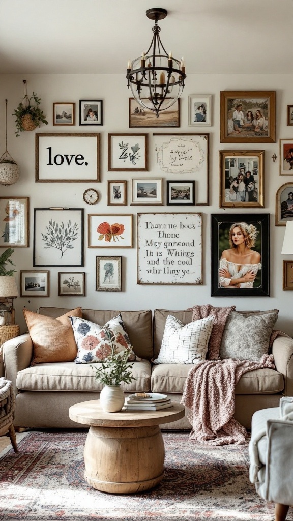 boho farmhouse living room - 
A cozy boho farmhouse living room with a gallery wall of framed artwork, family photos, and a comfortable sofa.