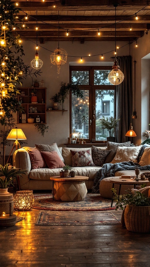 cozy boho living room - A cozy boho living room with warm ambient lighting, featuring string lights and decorative lamps.