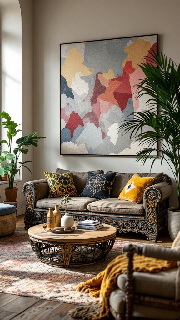 earthy boho living room -A beautifully styled boho living room featuring artisan-made furniture, with a detailed couch, a unique coffee table, and lush plants.