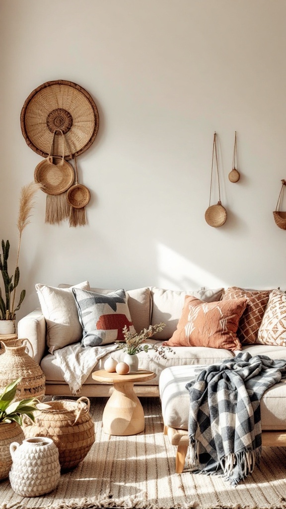 cozy boho living room - A cozy boho living room with woven baskets on the wall, a soft sofa with patterned pillows, and decorative vases.