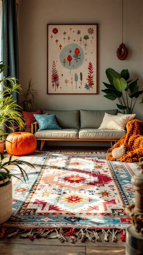 colorful boho living room - A colorful boho living room featuring an artisan handmade rug with intricate designs, plants, and cozy furniture.