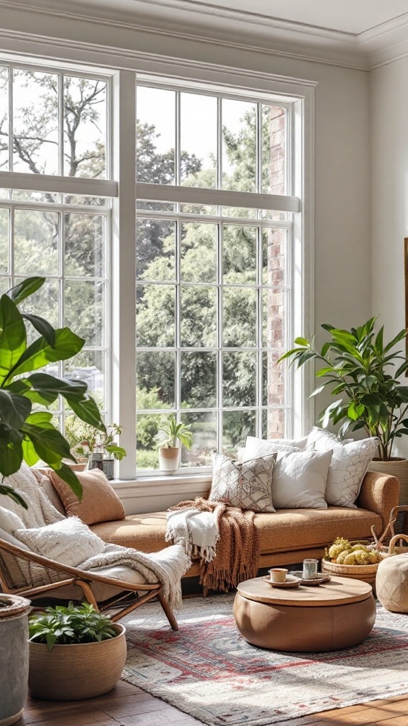 boho farmhouse living room - 
Cozy boho farmhouse living room with large windows and plants