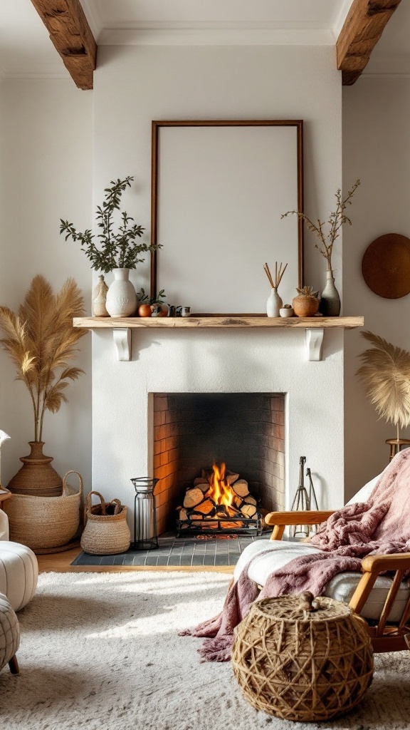 earthy boho living room -A cozy boho-chic fireplace with a wooden mantel, decorated with vases and greenery, creating a warm living room atmosphere.