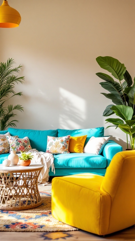 colorful boho living room - Brightly colored boho living room with turquoise couch, yellow accent chair, and natural coffee table.