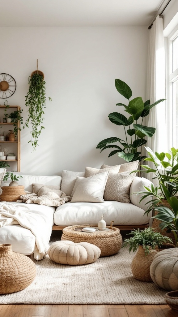 boho minimalist living room - A cozy boho minimalist living room featuring a white sofa, plants, and woven decor.