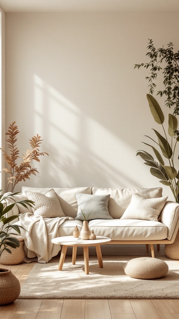 boho minimalist living room - A cozy boho minimalist living room featuring a beige sofa, textured pillows, plants, and a wooden coffee table.
