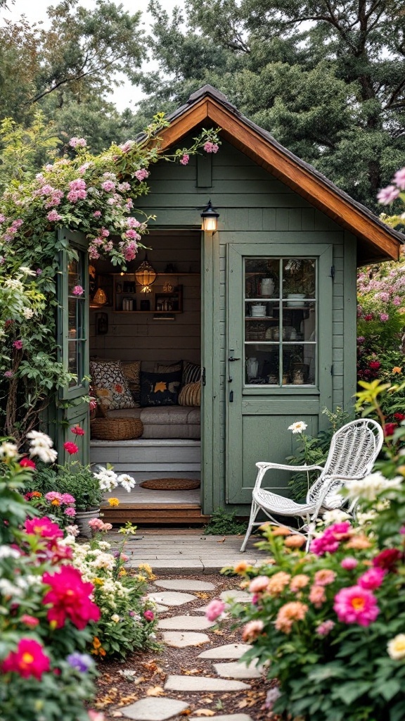 backyard layout - A charming garden shed surrounded by colorful flowers and a stone pathway, inviting relaxation.