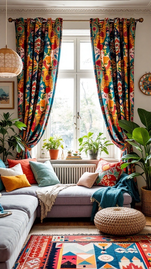 colorful boho living room - Colorful boho living room with vibrant patterned curtains, plants, and cozy furnishings.