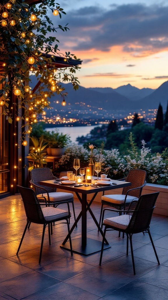 backyard layout - Stylish outdoor dining area with a table set for dinner, surrounded by string lights and a scenic view.