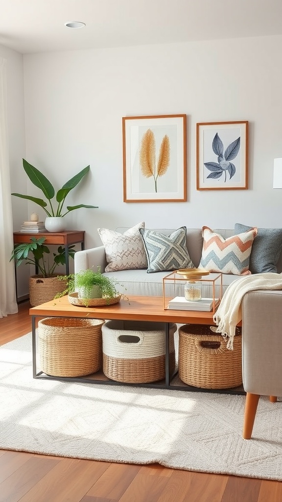 Neutral Fall Decor Living Rooms
- A cozy living room featuring woven baskets for storage under a coffee table, neutral color palette, and decorative elements.