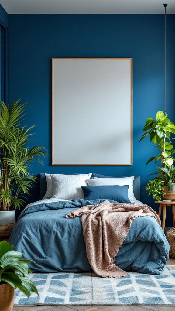 A cozy bedroom featuring cobalt blue walls, a blue bedspread, and plants, showcasing a blend of cobalt blue and earthy greens.