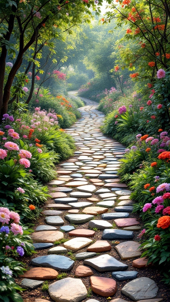 backyard layout - A colorful garden pathway surrounded by vibrant flowers and greenery.