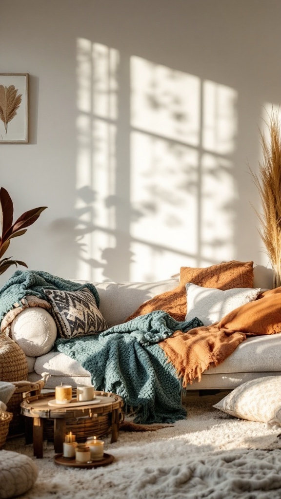 cozy boho living room - Cozy boho living room featuring a sofa with colorful throws and cushions, warm lighting, and natural decor elements.