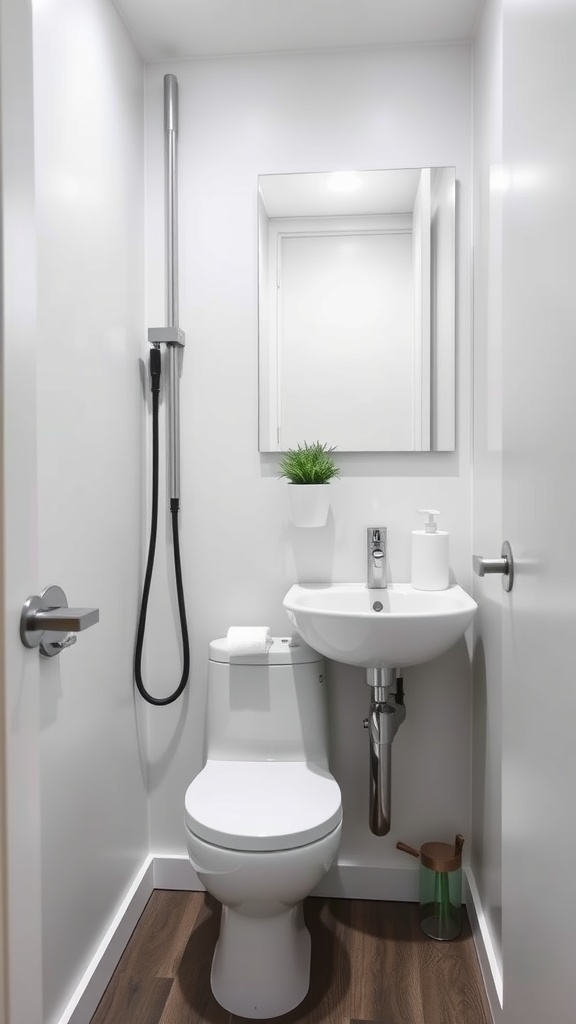 tiny half bathroom ideas -A compact half bathroom featuring a modern toilet, wall-mounted sink, shower fixture, and decorative plant.