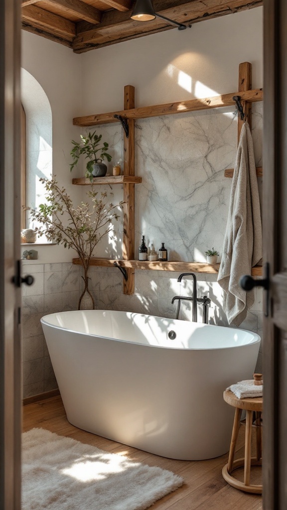 rustic small bathroom ideas -A rustic small bathroom featuring a compact freestanding bathtub, wooden shelves, and natural light.