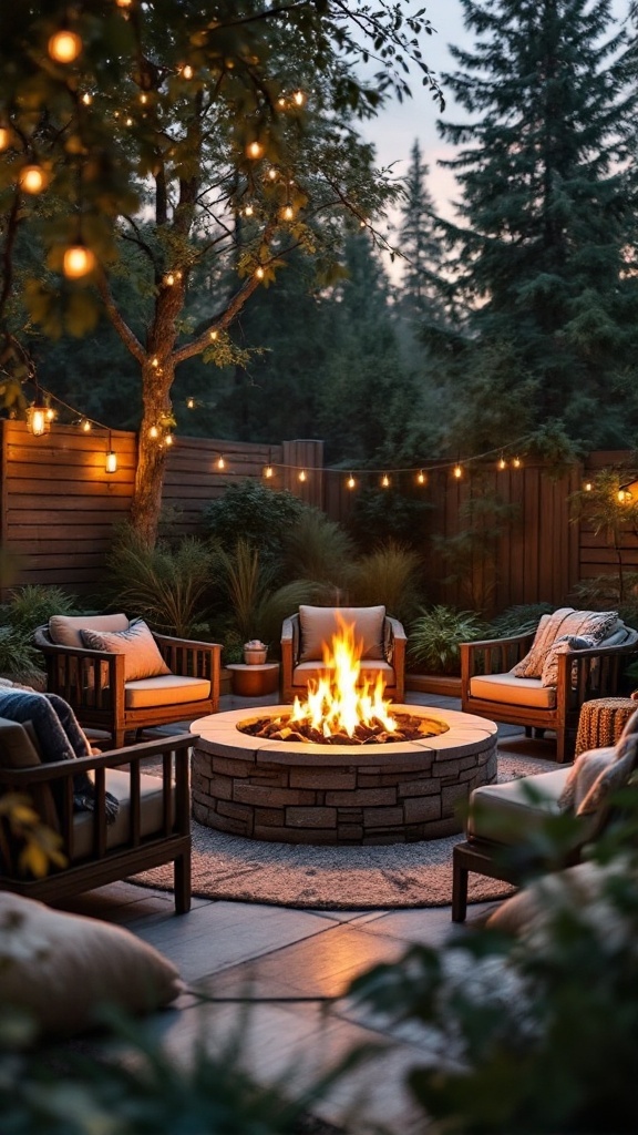 backyard layout - A cozy fire pit nook with seating around a stone fire pit, decorated with string lights and surrounded by greenery.