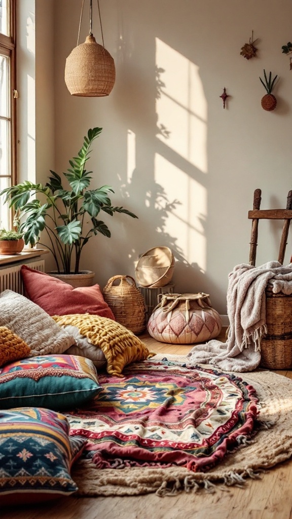earthy boho living room -A cozy nook with colorful floor cushions and a round rug, illuminated by natural light from a window.