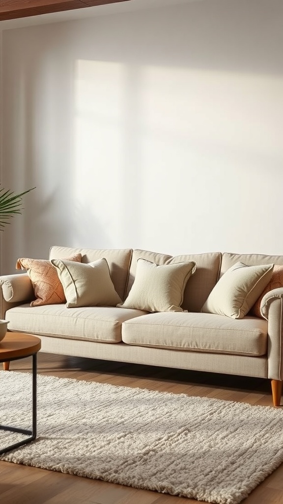 Neutral Fall Decor Living Rooms
- Cozy living room with a beige sofa and plush pillows, styled for fall.