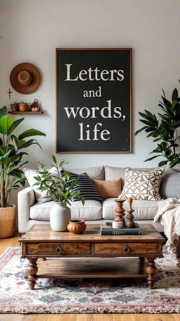 boho farmhouse living room - 
Cozy boho farmhouse living room with a rustic coffee table and inspiring wall art.