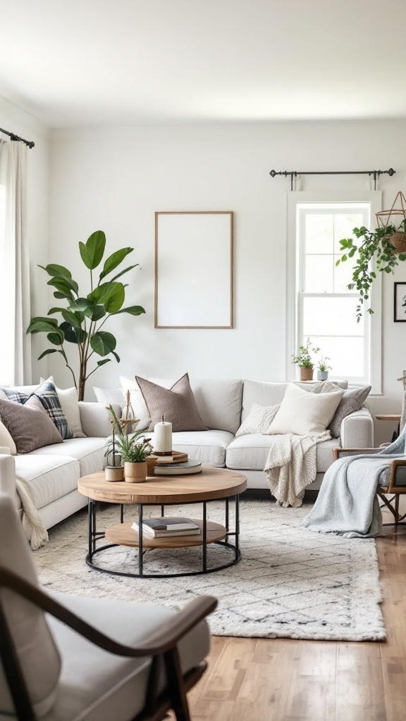 boho farmhouse living room - 
A cozy boho farmhouse living room with a light color palette, comfortable sofas, and natural decor.