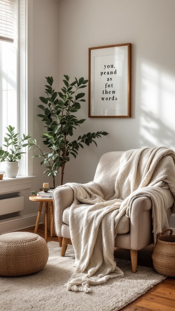 boho farmhouse living room - 
Cozy nook in a boho farmhouse living room with a chair, blanket, plants, and pouf.
