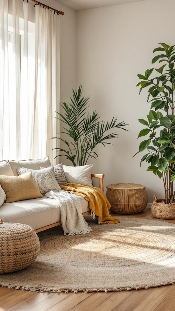 boho minimalist living room - A stylish boho minimalist living room featuring a light sofa, textured cushions, a woven rug, and indoor plants.