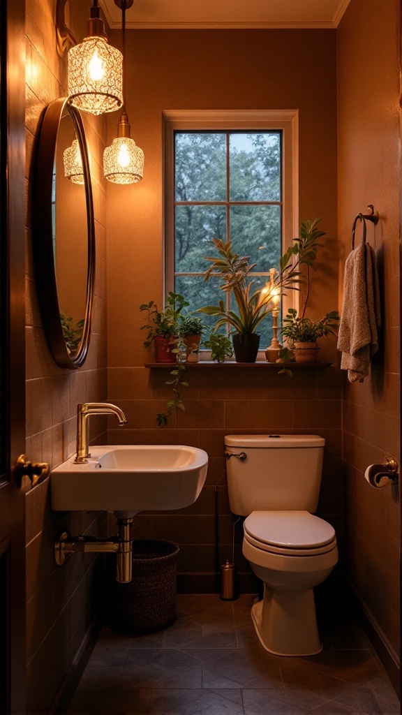 tiny half bathroom ideas - Cozy tiny half bathroom with warm pendant lights, plants, and a modern sink.