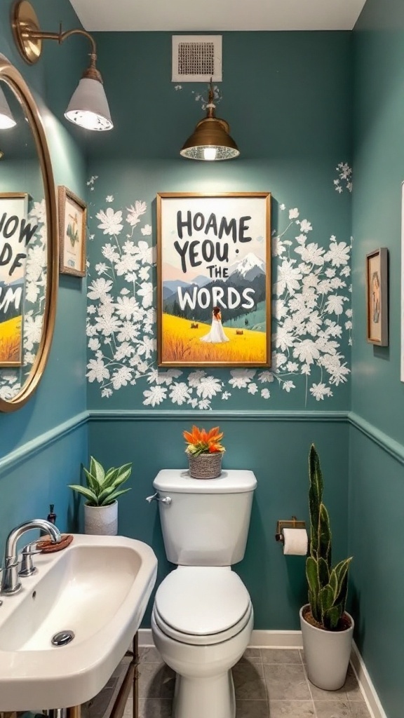 tiny half bathroom ideas - A tiny half bathroom featuring customized artwork with a scenic background and a playful phrase, complemented by plants and a modern sink.