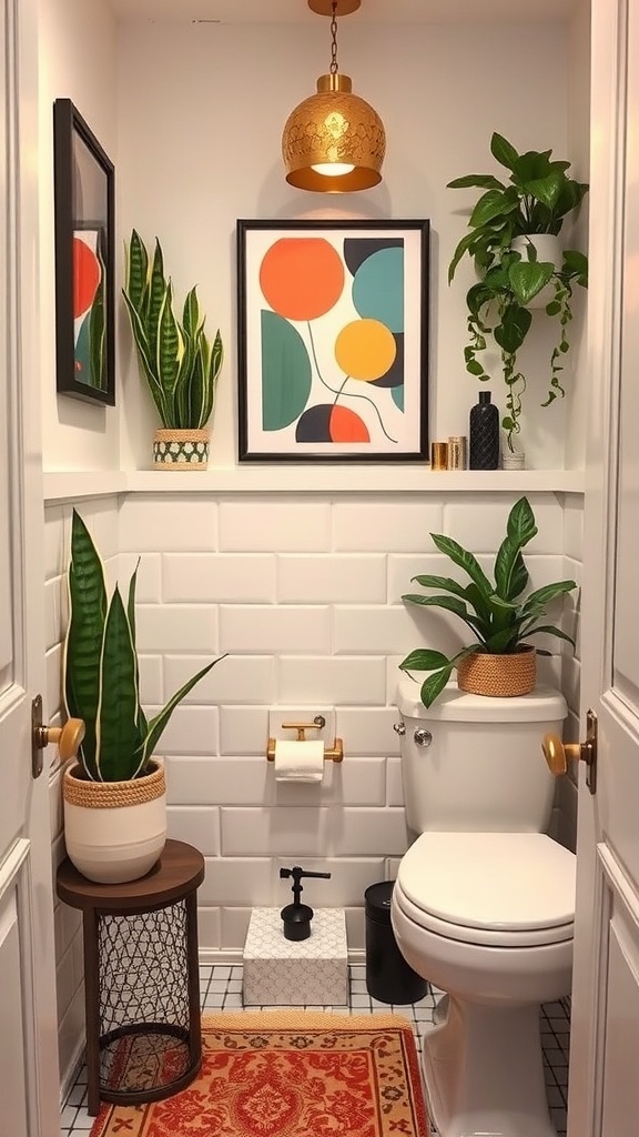 tiny half bathroom ideas -A beautifully designed tiny half bathroom with plants, artwork, and decorative elements.